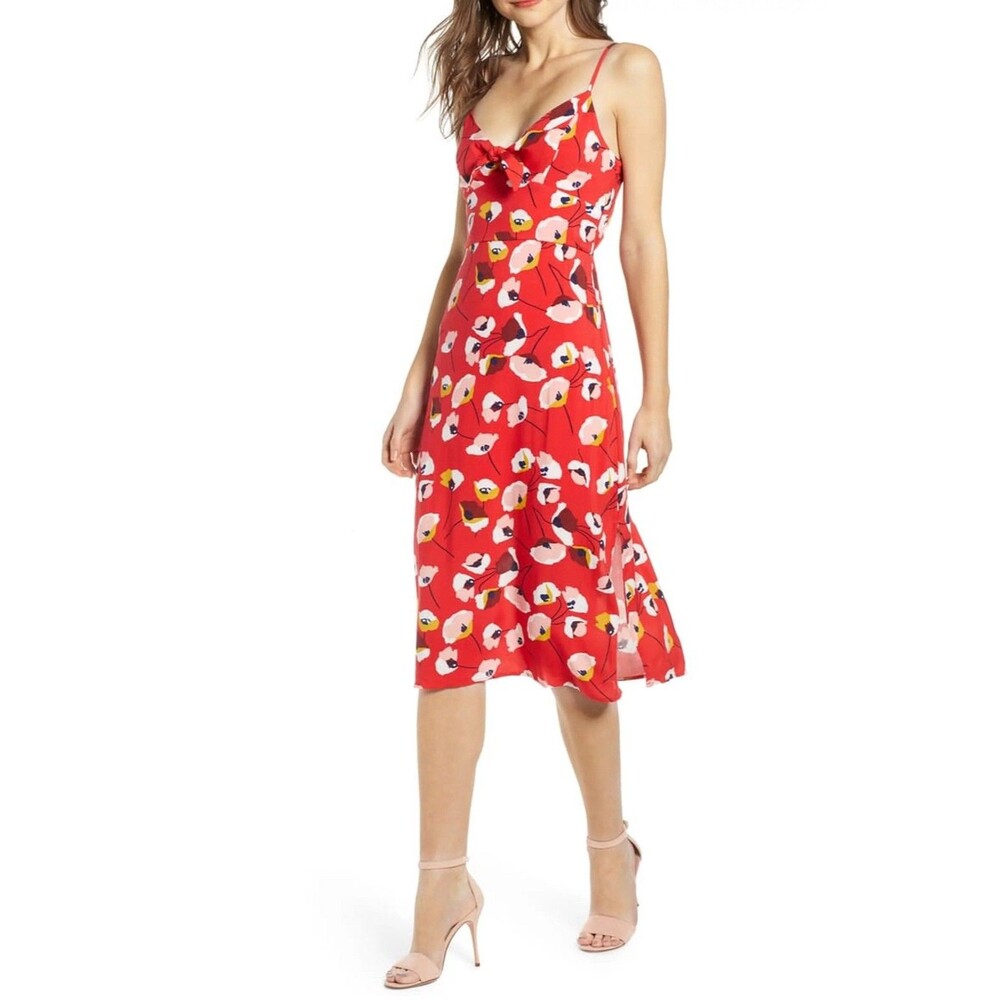 Red Floral Midi Dress Keyhole Tie Front Side Slit Floral Coquette Sz S